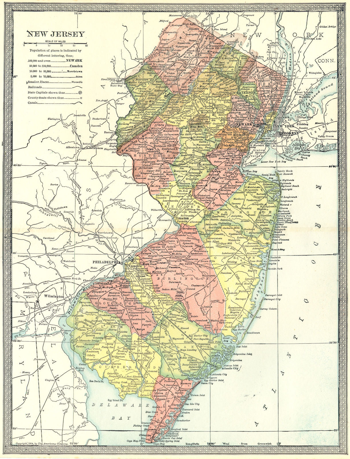 NEW JERSEY state map. Counties 1907 old antique vintage plan chart